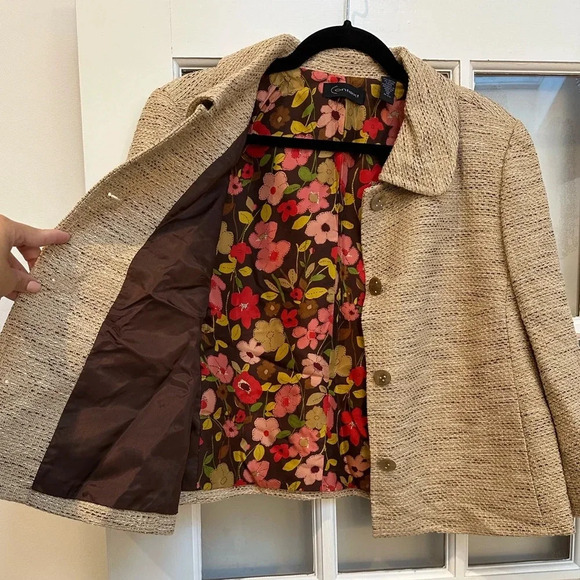 Context Tan Beige Gold Metallic Tweed Blazer Jacket Floral Lining Size 14 - Picture 4 of 15